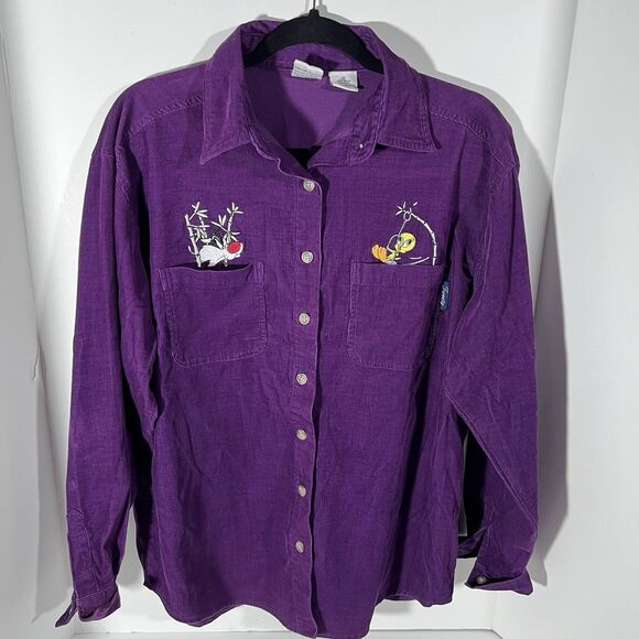 Looney Tunes Tops - VTG Y2K Looney Tunes Button Up Corduroy Shirt Tweety Sylvester Women's Medium